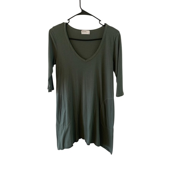 Allen‎ Allen Olive Green Tunic Dress V-Neck 3/4 Sleeve Pockets Small - Picture 1 of 3